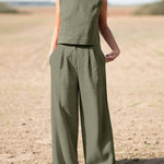 Two Piece Outfits Plain Sleeveless Workout Tank Tops Loose Pockets Pants Sets