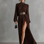 Women's Vintage Brown Milk Silk Stand-collar, Waist-cinching, Split-hem Long Dress