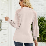 Nadorine V Neck Tops Solid Color Blouse Long Sleeve Pullover Lace Patchwork Shirt