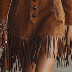 Western Style Tassel Brown Faux Suede Long Seleve Mini Dress