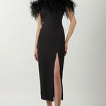 Off Shoulder Faux Fur Split Long Dress Wedding Evening Party Dress