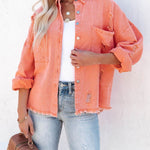 Nadorine Cropped Jacket Frayed Hem Button Long Sleeves Casual Loose Solid Color Denim Jacket