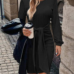 Nadorine Women's Casual Long Lantern Sleeve Bodycon Dress Tie Waist Rib Knitted Sweater Dresses