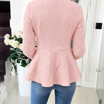 Women's Argyle Cable Knit Jacket Elegant Lapel Collar Gold Button Down Cardigan Ruffle Hem Long Sleeve Coat
