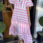 Women's Short Bubble Sleeve Striped Dress With Pockets