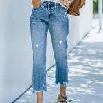 High Waisted Straight Leg Ripped Boyfriend Jeans Frayed Ankle Denim Pants
