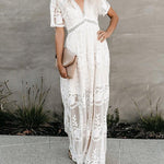 Nadorine Women's Boho Maxi Dress Embroidery White Lace Loose Holiday Beach Maxi Dress