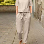 Two Piece Outfits Solid Color Short Sleeve Tops Comfortable Lace Up Pants Set