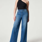 Seamed Front Wide Leg Jeans Elastic Waist Stretch Denim Flare Jeans