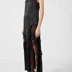 Pretty Soul Satin Lace Trim Wide Neck Irregular Hem Slit Maxi Dress