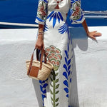 Linen Blend Unique Printed V-Neck Hollow Backless Lace-Up Holiday Maxi Dress