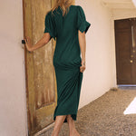 V Neck Short Sleeve Button Down Blouse Dress Tie Casual Long Maxi Dresses