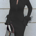Skinny Feathers Slightly Sheer Split-Joint Lapel Maxi Dresses