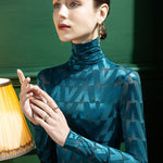 Stylish Skinny Long Sleeves Embroidered Split-Joint Checkered High-Neck T-Shirts Tops