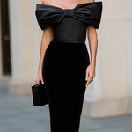 Black Satin Bow & Velvet Fitted Midi Dress
