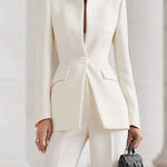 Long Sleeves Buttoned Pockets Solid Color Stand Collar Blazer Outerwear