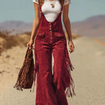 Brown Micro-suede Pocket Tassel Wide-leg Overalls