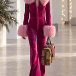 Fashion Retro Rose Red Velvet Faux Fur Collar Long Sleeve Flared Jumpsuit