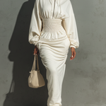 Women's Minimalist Waist Shirring Hooded Sweatshirt Maxi Dress