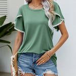 Pom-Pom Trim Flutter Sleeve Round Neck Tee Casual Blouses Tops
