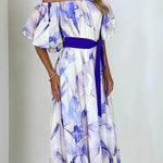 Floral Print Elegant Puff Sleeve Tie-Waist Midi Dress