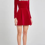 Endless Celebration Velvet Jewel Embellished Trim Long Sleeve Pocketed Mini Dress