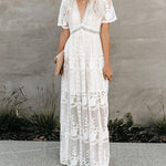 Nadorine Women's Boho Maxi Dress Embroidery White Lace Loose Holiday Beach Maxi Dress