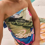 Seaside Holiday Satin Unique Print Knotted Scarf Top and Elastic Waist Loose Maxi Skirt Set