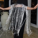 New Level Shiny Tassel Stand Neck Crop Cape Blouse