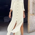 Long Sleeves Loose Buttoned Pockets Split-Side Lapel Maxi Dresses Shirt Dress
