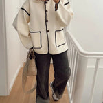 Nadorine Buttoned Crew Neck Loose Color Block Knitted Jacket