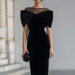 Dramatic Black Velvet Bow Midi Dress