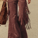 Brown Micro-suede Pocket Tassel Wide-leg Overalls