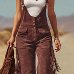 Brown Micro-suede Pocket Tassel Wide-leg Overalls