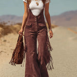 Brown Micro-suede Pocket Tassel Wide-leg Overalls