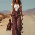 Brown Micro-suede Pocket Tassel Wide-leg Overalls