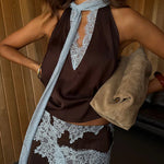 Sleeveless V Neck Lace Trim Satin Scarf Top