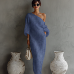 Women's Ivory White Cotton-Linen Blend One-Shoulder Flowing Elegant Dress