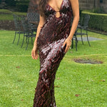 Margovil Spaghetti Strap V Neck Glitter Sequin Maxi Party Dress