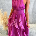 Halter Neck Waisted Ruffle Maxi Dress