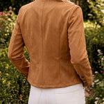 Double Breasted Decor Stand Collar Open Front Faux Suede Jacket Casual Coat