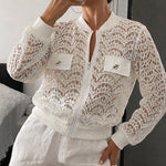 Women's Lace Hollow Out Bomber Jacket Sheer Wave Pattern Lace Zip Up Outerwear Ribbed Trim Coat