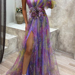 Margovil One Shoulder Waisted High Slit Mesh Overlay Printed Maxi Dress