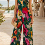 V Neck Sleeveless Floral Print Wide Leg Jumpsuit