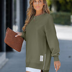 Letter Patch Detail Long Sleeve Drop Shoulder Pullover Sweatshirt Casual Zipper Side Slit Top