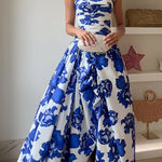 Strapless Ruched Bodice Full Skirt Floral Print Maxi Dress