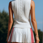 【24-hour shipping out】Retro Sports Style Stand-up Collar Pleated Sleeveless Knitted Top Pleated Skirt Suit