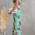 Asymmetrical Shoulder Lace Splice Floral Print Maxi Dress