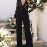 Crochet Lace Trim Deep V-Neck Floral Lace Spliced Ovearalls Casual Zipper Back Seam Front Jumpsuit with Belt