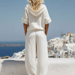 Vacation Retro White Cotton Linen Short-Sleeve Hooded Top And Balloon Pants Set
